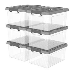 Cetomo 45L* 6 Plastic Opbergdoos, Tote doos, Transparante Organiserende Container met Duurzaam grijs Deksel en Veilige Klink Gespen, Stapelbaar en Nestable, 6Pack