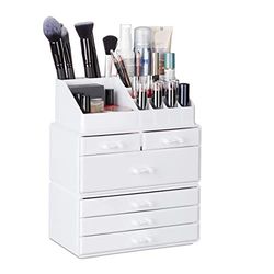 Relaxdays Organizador de Maquillaje con 6 Cajones, Acrílico, Blanco, 29 x 23.5 x 14 cm, Fibra