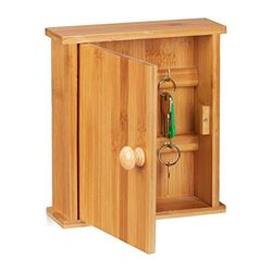 Relaxdays Caja para llaves, Madera de bambú, Seis ganchos, Cierre magnético, Armario de pared, Marrón, 20,5x18x6cm