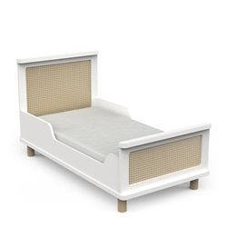 Lit pour Enfant 150x90 en Bois avec Tête De Lit – Gamme OCHNA – Coloris Blanc Mat & Bois Hévéa - 149 x 92 x 78 cm