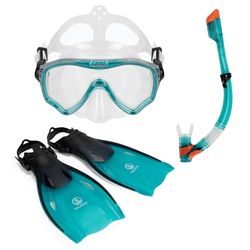 AQUASTIC Jetty 3 en 1 Set de Buceo para Adultos, Gafas de Buceo, Silbato y Aletas, Talla 43/46, Color Azul Claro, máscara de Snorkel con Cristal Templado, Silicona, máscara hipoalergénica