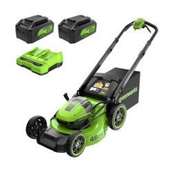 Greenworks Zelfrijdende Draadloze Accu Grasmaaier, 46cm Maaibreedte, 55L Zak PLUS Twee 2 x 24V (48V Equivalent) 4Ah Batterijen en Dubbele Oplader, 3 Jaar Garantie-MO48L424-01