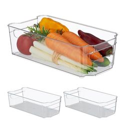 Relaxdays koelkast organizer, opbergbak voor voedsel, HxBxD: 9x31,5x15,5 cm, handgrepen, ijskast-organizer, doorzichtig