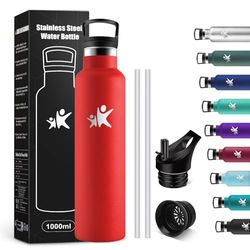 KollyKolla Botella Agua 1L, Cantimplora sin BPA, Botella Acero Inoxidable con Doble Pared Aislada, Cantimplora Termica Hermética, Termo Reutilizable para Escuela, Colegio, Oficina, Senderismo