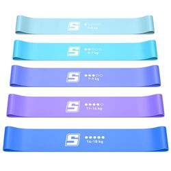 SURFOU Fitnessband Set 5-pack med 5 Motståndsnivåer, Hudvänliga Träningsband för Styrketräning, Muskelbyggnad, Pilates, Yoga & Rehabilitering Inkl Bärväska