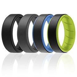 ROQ Silicone Rings, transpirable, Silicone Rubber Wedding Ring Band for Men with Comfort-Fit Design, 8 mm Step Edge, 4 Pack, Silicone Wedding Ring - Black, Grey, Light Blue, Yellow Colors - Size 7