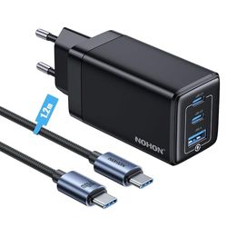 NOHON Cargador USB-C Carga Rapida: 65W GAN 3-Puertos PD3.0 Cargador | Enchufe USB C con 140W Tipo C Cable 1.2M | Compatible con MacBook Pro Air Airpods iPad iPhone 15 14 13 12 11 Samsung Galaxy S