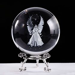8 cm inciso 3D Angelo custode preghiera sfera di cristallo con supporto in argento regalo commemorativo per persone speciali angelo ornamenti per la casa (8 pollici)
