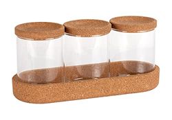WENKO Tarros de almacenamiento Apiro, set de 3 botes de cristal con tapas y bandeja de corcho para guardar piezas pequeñas en el cuarto de baño o en la oficina, 26 x 12 x 9,5 cm, natural/transparente