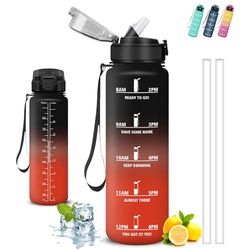 Drinkfles, 1 liter, waterfles met rietje, lekvrij, motiverende drinkfles, gemakkelijk te reinigen, met motiverende slogan, drinkflessen voor fitness, kamperen, wandelen, yoga