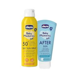 Chicco Set Protezione Solare da Viaggio, Spray SPF50+ 150ML e Latte Doposole Rinfrescante 150ML,per Pelle Sensibile del Bambino, Resistente all'Acqua, 0 Mesi+