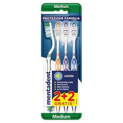 Mentadent Protezione Famiglia, 4 Spazzolini Setole Medie, Setole con Multi-angolazione, Manico Tripla Angolazione, Setole Lucidanti per la Prevenzione delle Macchie, Pulisci-lingua Morbido