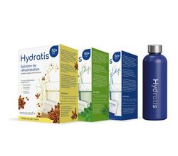 HYDRATIS 50+ - Solution de Réhydratation, Pack 3 Boîtes de 16 Sachets en Poudre + Gourde Bleue - Boisson à Diluer dans l'Eau Adaptée à l'Adulte à Partir de 50 Ans - Soutien du Métabolisme