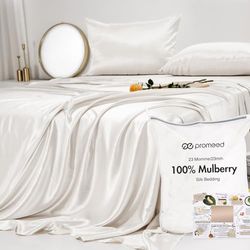 PROMEED Juego de sábanas de Seda Blanca Morera de 23 Momme, 4 Piezas, 100% Seda Grado 6A+ con sábanas refrescantes y Fundas de Almohada (Blanco, Queen)
