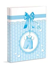 Mareli Álbum de fotos Celeste, Nacimiento Niño con Diario, 23 x 30 cm, 56 páginas blancas y 4 páginas Diario personalizables, páginas de cartón grueso y resistente intercaladas de pergamino