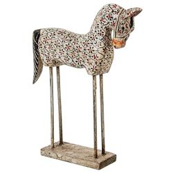 DRW Figura de un Caballo de Madera y Patas de Metal en Blanco y Verde 27x8x40cm