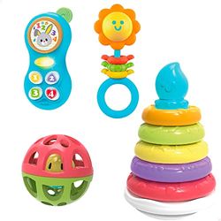 Winfun 46885 - Set 4 actividades bebé recién nacido / Incluye sonajero con mordedor, teléfono con luz y melodías, bola con sonajero y tentetieso / Regalo para bebés