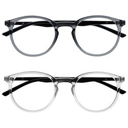 OPULIZE Met Gafas Pack de 2 Montura Redonda Gris Transparente Negro Resistente a Arañazos Bisagras de Muelle Ordenador Gaming Antirreflejante Hombre Mujer RR60-7C +0.00