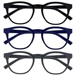 OPULIZE Blu Gafas con Bloqueo de Luz Azul Pack de 3 Montura Redonda Negra Gris Azul Bisagras de Muelle Mejoran el Sueño Ordenador Gaming Antirreflejante Hombre Mujer BBB5-137 +0.00