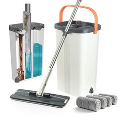 Jelymark Mocio piatto e secchio con set strizzatore, separa l'acqua sporca e pulita, mocio a 3 camere per uso bagnato e asciutto, mocio a mani libere per la pulizia del pavimento, 4 panni