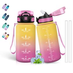 Vattenflaska för barn, 0,5 liter vattenflaska, vattenflaska med sugrör, läckagefri, motiverande vattenflaska med tidsskala, lätt att rengöra, flaskor för skola, camping, resor, gul-rosa