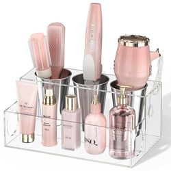 NIUBEE Organisateur d’outils de coiffure et sèche-cheveux en acrylique transparent pour comptoir de salle de bain, support de rangement pour accessoires, maquillage et articles de toilette