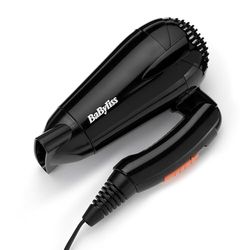 BaByliss Sèche-cheveux de voyage pliable Sèche-cheveux léger et puissant de 2000 W, Bi-voltage, Utilisation universelle, 2 réglages de température/vitesse, Noir/orange, 5344E