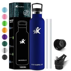 KollyKolla Termosflaska 1 liter, drickflaska i rostfritt stål 1 l med sugrör, BPA-fri vakuumflaska, lämplig för kolsyra, läckagesäker vattenflaska för vuxna, sport, fitness, gym