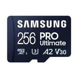 Samsung PRO Ultimate microSD memory card, 256 GB, UHS-I U3, 200 MB/s read, 130 MB/s write, Includes USB card reader, For smartphone, drone or action cam