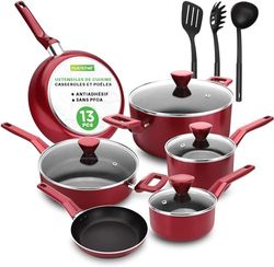 Nutrichef Ensemble de Batterie de Cuisine Antiadhésive, Ensemble d’ Ustensils de Cuisine, Avec Casserole a Sauce, Poêles, Marmites, Casserole, Couvercles, Louche, Fourchette, Passoire