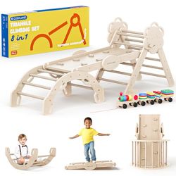 COSYLAND 8 en 1 Triángulo de Escalada Montessori con Arco y Rampa, Set Plegable Infantil, Juguete de Madera Resistente para Interior, Niños 18 Meses-6 años, Colores Natural, Grande