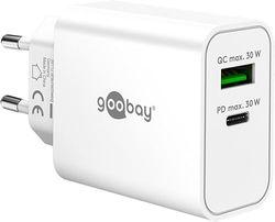 goobay Cargador rápido Dual USB-C PD GAN, 30W, 1x USB-C Power Delivery + 1x USB-A Quick Charge, Compacto, Carga simultánea, Compatible con iPhone, Samsung, Xiaomi, iPad, Blanco, 75336