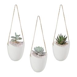 Relaxdays Väggvas uppsättning av 3 hängande kruka inuti, med snöre för upphängning, blomampel, för växter och blommor, keramik, vit