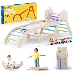 COSYLAND 8 en 1 Triángulo de Escalada Montessori con Arco y Rampa, Set Plegable Infantil, Juguete de Madera Resistente para Interior, Niños 18 Meses-6 años, Colores Fríos, Grande