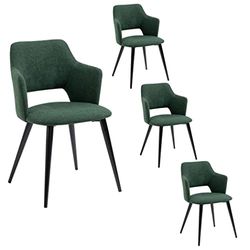 MEUBLE COSY Set van 4 eetkamerstoelen, retro, stoel met armleuningen, gevoerde zitting van stof, metalen poten, voor keuken, woonkamer, slaapkamer, kantoor, gelegeerd staal, groen, 47x47x80cm