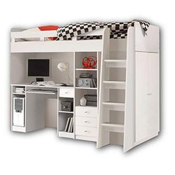 Stella Trading Unit Lit Mezzanine Moderne avec Bureau et Armoire, Bois, Blanc, 95 x 160 x 204 cm