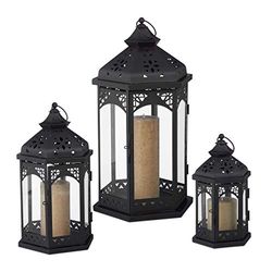 Relaxdays Conjunto de 3 lanternas decorativas para exterior e interior, vidro de ferro, preto, 3 tamanhos