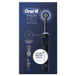 Oral-B Vitality Pro Spazzolini elettrici per adulti, per lui/lei, 1 manico, 2 testine, 3 modalità di spazzolatura tra cui Sensitive Plus, spina UK a 2 pin, nero (la confezione può variare)