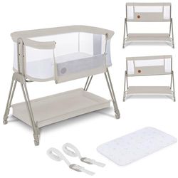 LIONELO Luna, draagbaar babybedje met matras, co-sleeping, van newborn tot 9kg. In hoogte vestelbaar en kantelbaar, 4 wielen met blokkade, kan bevestigd worden aan het bed van de ouders, luchtig