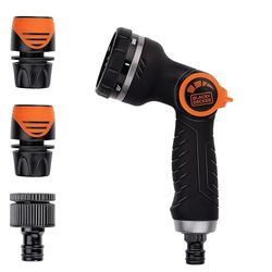BLACK+DECKER Pistolet d'Arrosage avec 3 Raccords - pour Tuyau de Jardin - Débit d'Eau Réglable - Plastique - Noir/Orange