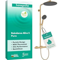 hansgrohe Raindance Alive S Puro - Colonna doccia a risparmio idrico (EcoSmart) con miscelatore termostatico, doccetta, tubo, asta e soffione doccia, Sistema doccia, bronzo spazzolato, 24593140