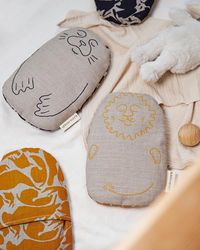 Wheat Bag Friend in Yellow Printed Linen with Embroidered Lion, Used for Natural Pain Relief and Comfort in Children. Hot and Cold Pack. Lavender Scented, Microwave and Oven Safe