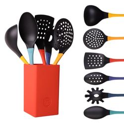 MasterChef Utensili Cucina con Porta, Mestoli, Spatola, Cucchiaio, Leccapentole, Set Pasticceria e Altro AntiGraffio e Resistente al Calore, Casa Accesori Antiaderente, Multicolor, Nylon