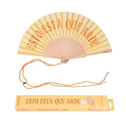 Fisura – Originele waaier met de tekst “esto esta que arde”. Gele ventilator van hout met een speelse boodschap. Inclusief hanger. Formaat: 42,5 x 23 cm.