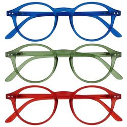 OPULIZE REY Occhiali da Lettura - Pacco da 3 - Montatura Rotonda Retro - Blu Opaco, Verde, Rosso - Uomo Donna - Cerniere a Molla - RRR56-36Z - +2.50