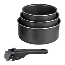 Crealys 544541 Lot de 3 Casseroles amovibles Aluminium pressé Ø 16/18/20 cm - Revêtement intérieur anti-adhésif sans PFOA - Manche amovible DECLIC NEW (inclus) - Tous feux dont induction