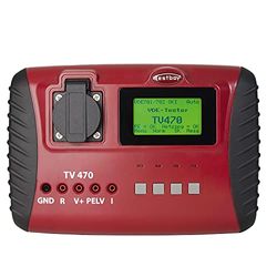 Testboy TV 470 VDE-testare DIN 0701/0702/EN 62353, apparattestare (bra/dåligt uttalande, hjälpskärm för varje mätning, streckkodsläsare, protokollprogramvara, DAkkS-kalibreringscertifikat), röd/svart