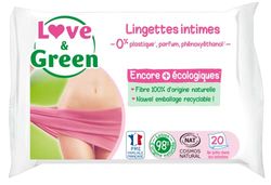 Love & Green Ekologiczne chusteczki łagodzące intymne - opakowanie 20 chusteczek - certyfikat Cosmo Natural przez ECOCERT i FSC
