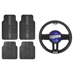 Sparco Spc1913Gr Juego De Alfombra Goma Color Franja Logo Universal, Latex, Gris, Set De 4 + 1 Funda Universal para Volante De Coche, Negro