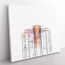 Sketching the Architecture Vol.23 Modern Canvas Wall Art Print Ready to Hang, Framed Picture for Living Room Bedroom Home Office Décor, 35x35 cm (14x14 Inch)